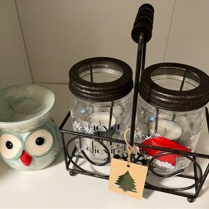 Owl Essential oil porcelain diffuser  and Christmas Holiday candle decor bundle